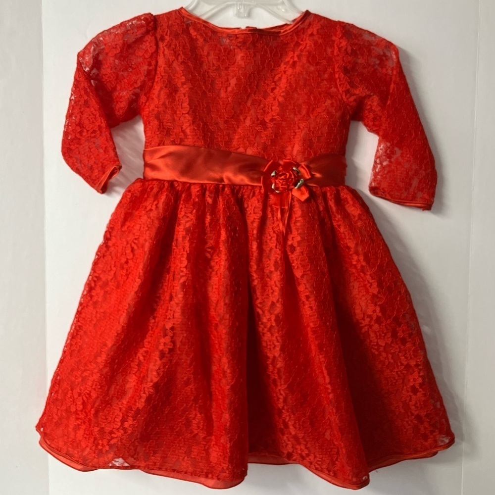 Girl’s Formal/Holiday Dress, Size 5, Red Floral Lace, Sash Tie, Peachy Kids